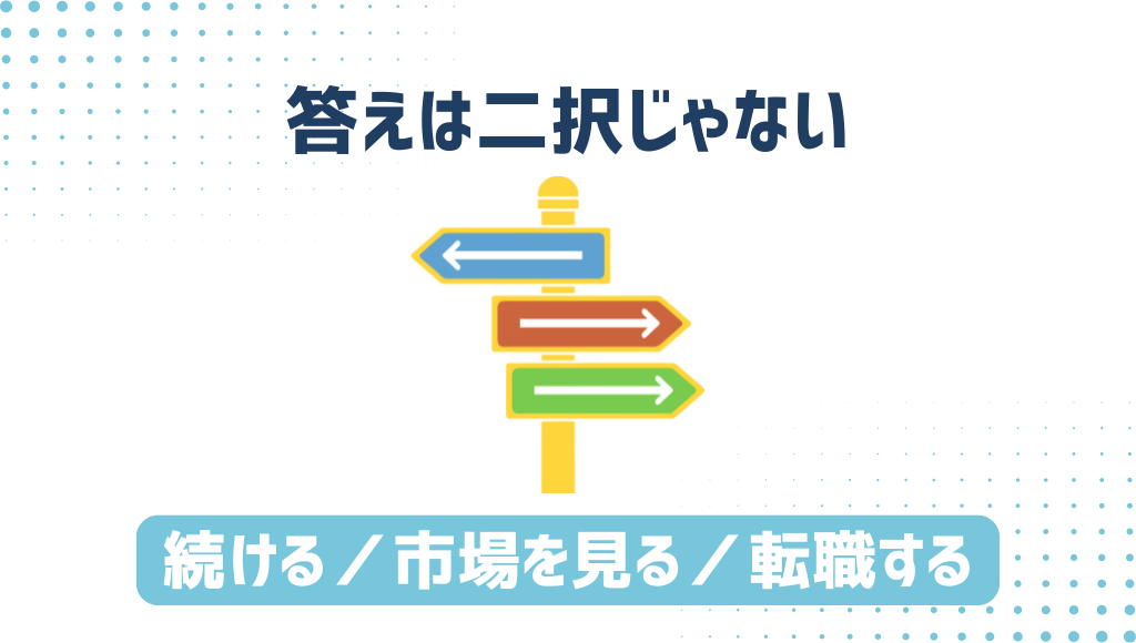 「答えは二択じゃない」「続ける／市場を見る／転職する」